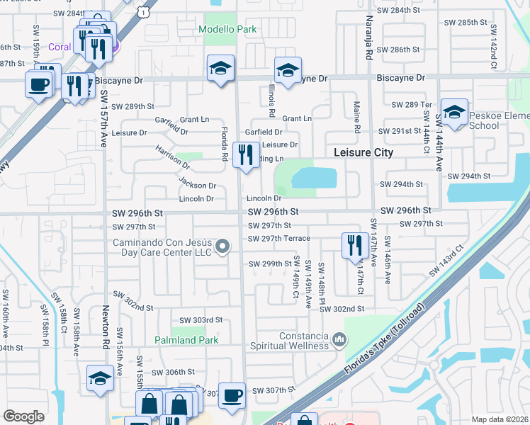 map of restaurants, bars, coffee shops, grocery stores, and more near 14981 Southwest 296th Street in Homestead