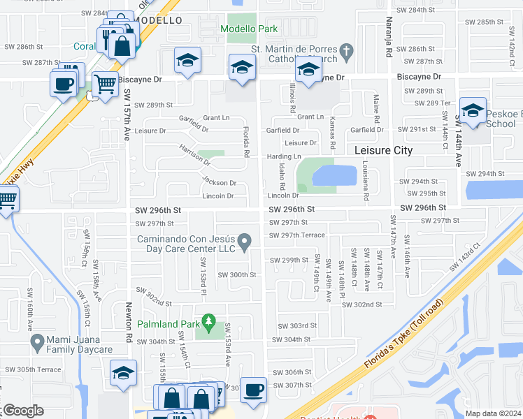 map of restaurants, bars, coffee shops, grocery stores, and more near in Homestead