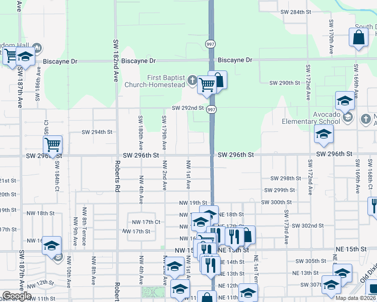map of restaurants, bars, coffee shops, grocery stores, and more near 17845 Southwest 296th Street in Homestead