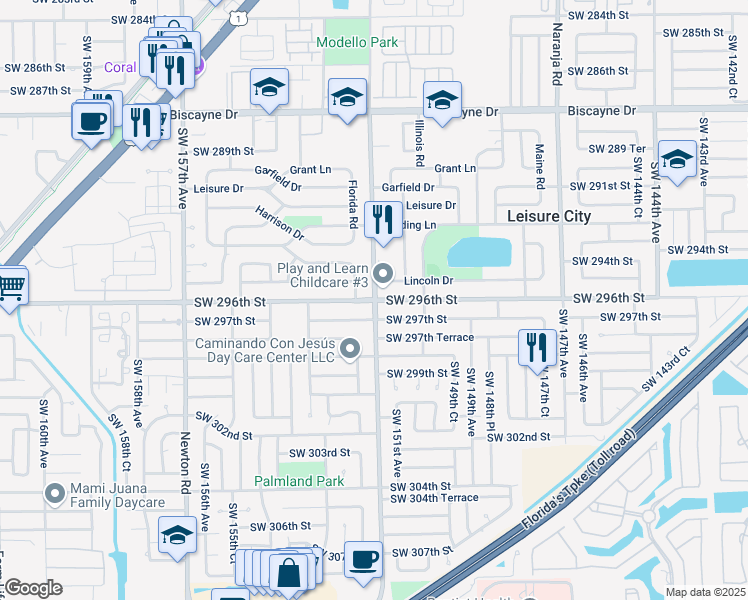 map of restaurants, bars, coffee shops, grocery stores, and more near in Homestead