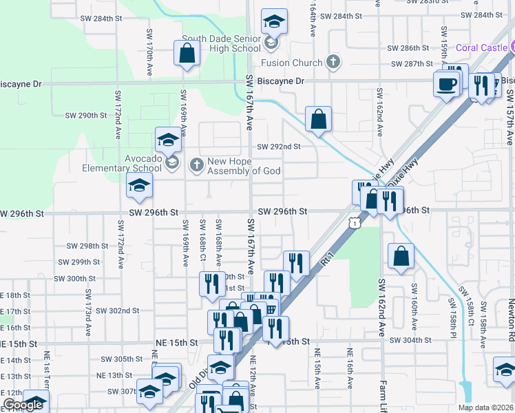 map of restaurants, bars, coffee shops, grocery stores, and more near 16544 Southwest 295th Street in Homestead