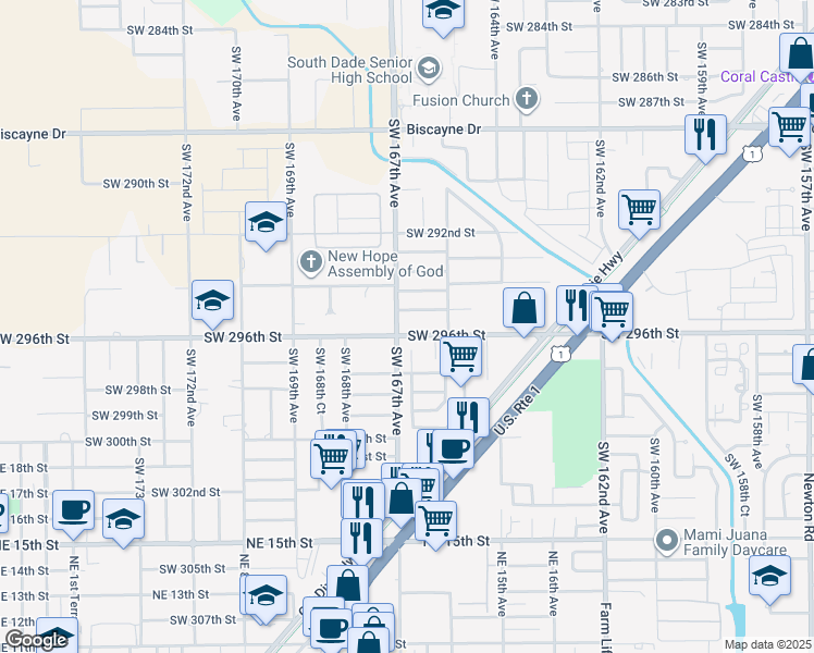 map of restaurants, bars, coffee shops, grocery stores, and more near 16544 Southwest 295th Street in Homestead