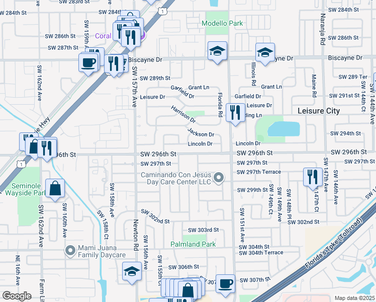 map of restaurants, bars, coffee shops, grocery stores, and more near 15384 Lincoln Drive in Homestead