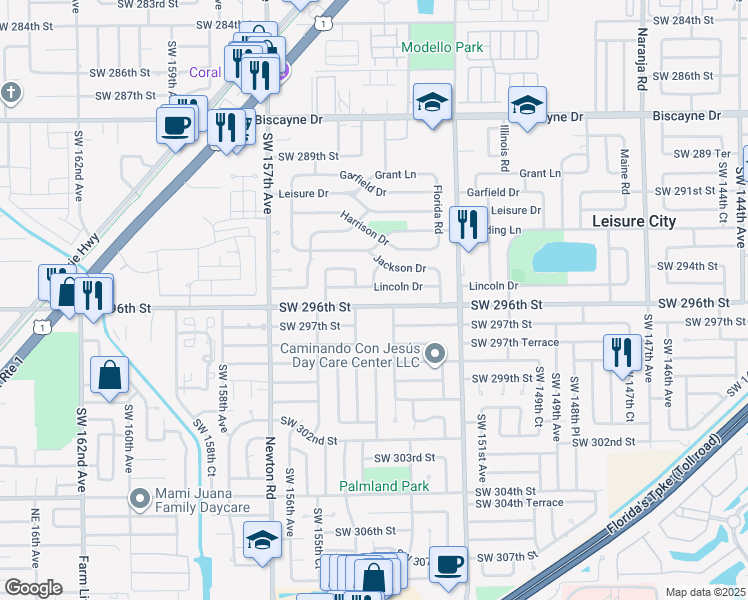map of restaurants, bars, coffee shops, grocery stores, and more near 15384 Lincoln Drive in Homestead