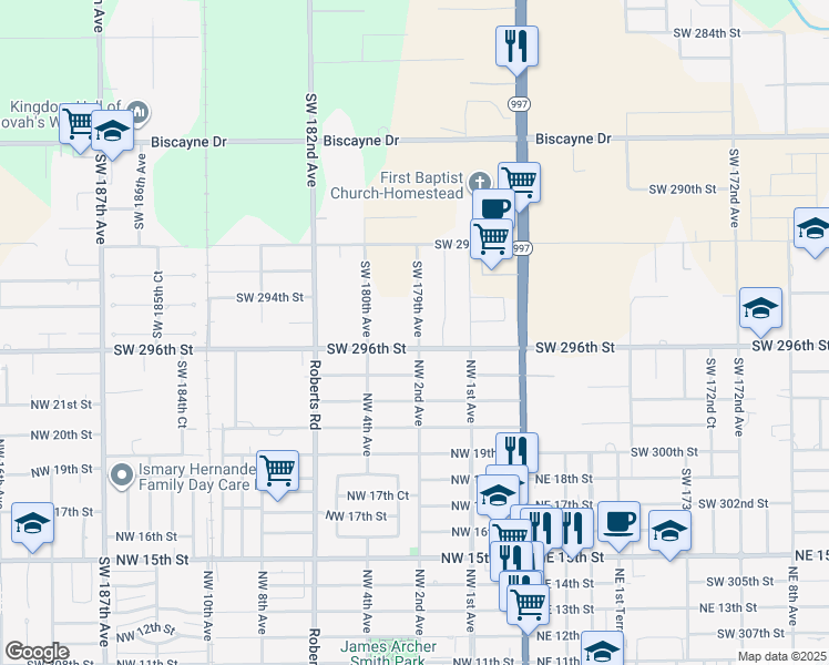 map of restaurants, bars, coffee shops, grocery stores, and more near 29520 Southwest 179th Avenue in Homestead