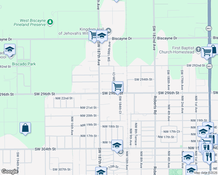 map of restaurants, bars, coffee shops, grocery stores, and more near 18615 Southwest 295th Terrace in Homestead