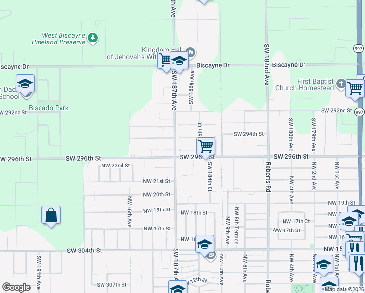 map of restaurants, bars, coffee shops, grocery stores, and more near 18615 Southwest 295th Terrace in Homestead