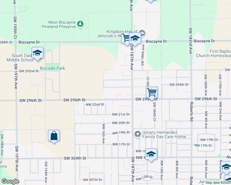 map of restaurants, bars, coffee shops, grocery stores, and more near 18801 Southwest 295th Terrace in Homestead