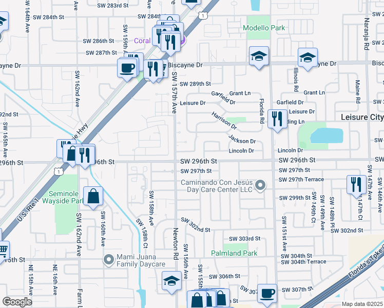 map of restaurants, bars, coffee shops, grocery stores, and more near 15530 Southwest 295th Terrace in Homestead