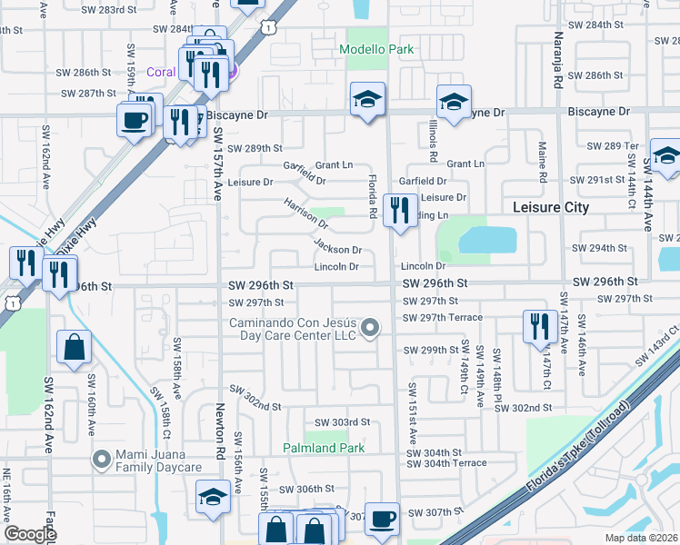 map of restaurants, bars, coffee shops, grocery stores, and more near 15310 Lincoln Drive in Homestead