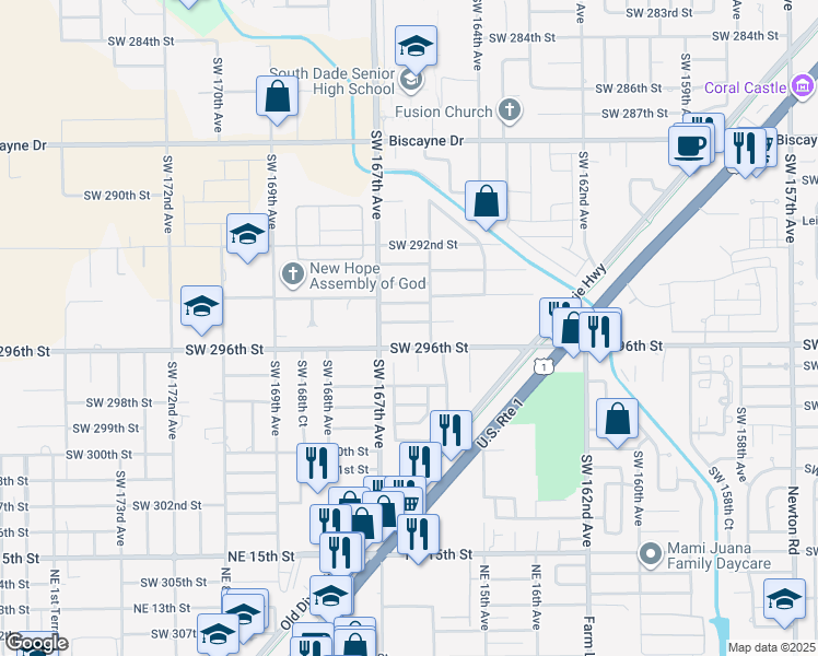 map of restaurants, bars, coffee shops, grocery stores, and more near 16544 Southwest 295th Street in Homestead