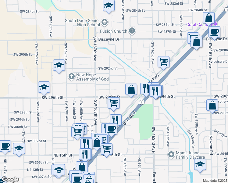 map of restaurants, bars, coffee shops, grocery stores, and more near 16460 Southwest 295th Street in Homestead