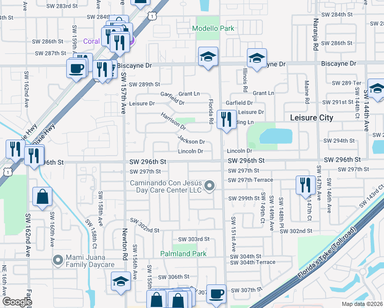 map of restaurants, bars, coffee shops, grocery stores, and more near 15310 Lincoln Drive in Homestead