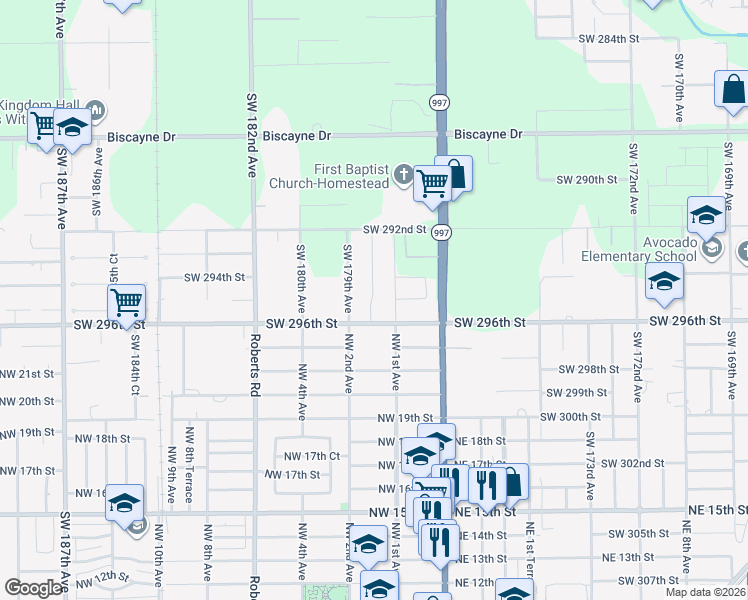 map of restaurants, bars, coffee shops, grocery stores, and more near 17845 Southwest 296th Street in Homestead