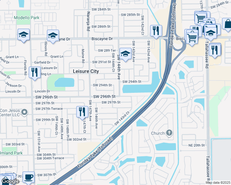 map of restaurants, bars, coffee shops, grocery stores, and more near 14441 Southwest 296th Street in Homestead