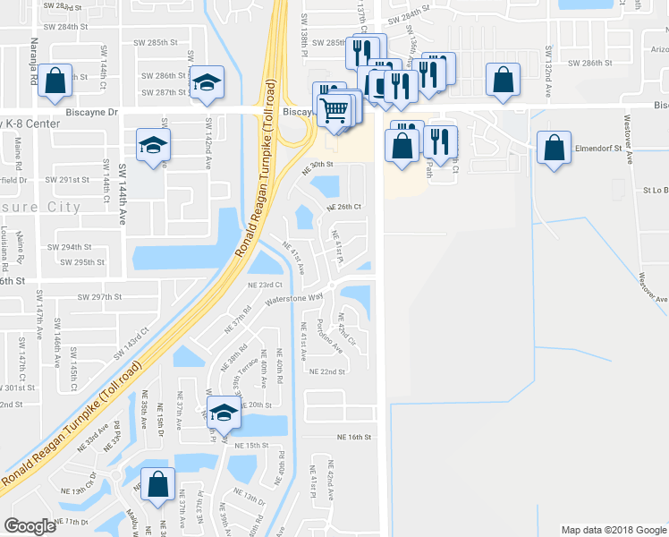 map of restaurants, bars, coffee shops, grocery stores, and more near 2406 Northeast 41st Place in Homestead