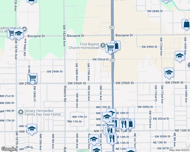 map of restaurants, bars, coffee shops, grocery stores, and more near 29520 Southwest 179th Avenue in Homestead