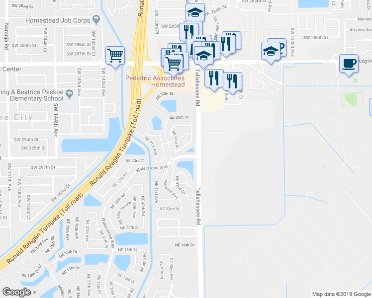map of restaurants, bars, coffee shops, grocery stores, and more near 4112 Northeast 24th Street in Homestead