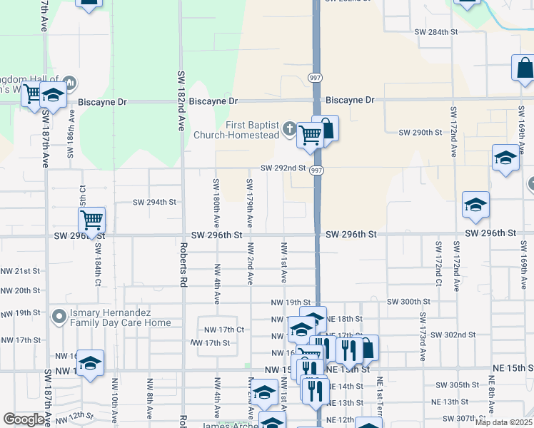 map of restaurants, bars, coffee shops, grocery stores, and more near 29520 Southwest 179th Avenue in Homestead