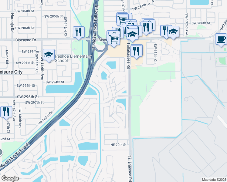 map of restaurants, bars, coffee shops, grocery stores, and more near 2412 Northeast 41st Place in Homestead