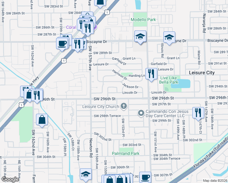 map of restaurants, bars, coffee shops, grocery stores, and more near 15450 Lincoln Drive in Homestead