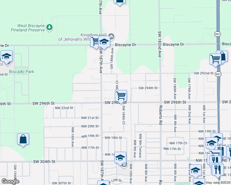 map of restaurants, bars, coffee shops, grocery stores, and more near 18495 Southwest 295th Terrace in Homestead