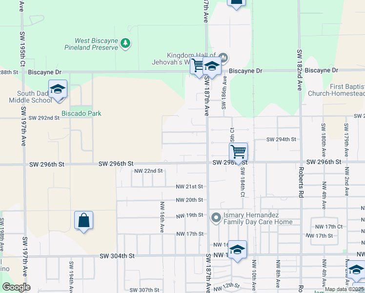 map of restaurants, bars, coffee shops, grocery stores, and more near 18801 Southwest 295th Terrace in Homestead