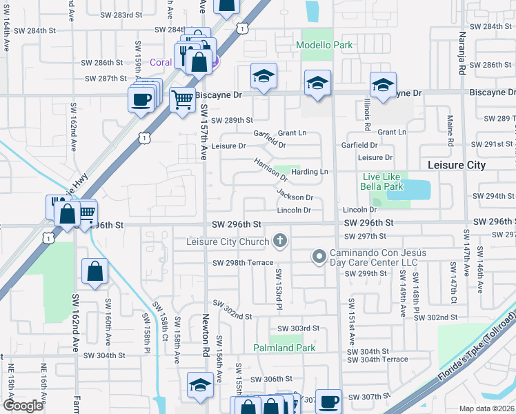 map of restaurants, bars, coffee shops, grocery stores, and more near 15450 Lincoln Drive in Homestead