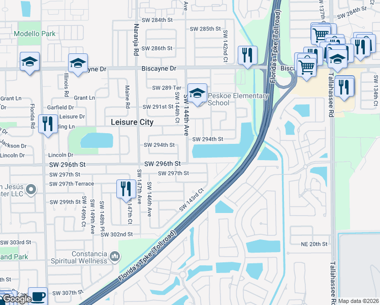 map of restaurants, bars, coffee shops, grocery stores, and more near 29507 Southwest 144th Avenue in Homestead