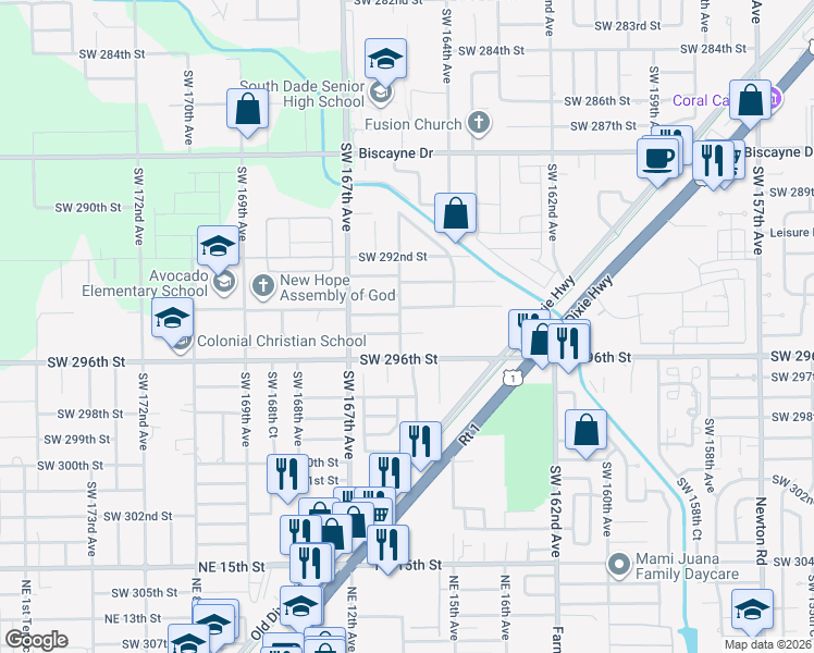 map of restaurants, bars, coffee shops, grocery stores, and more near 16460 Southwest 295th Street in Homestead