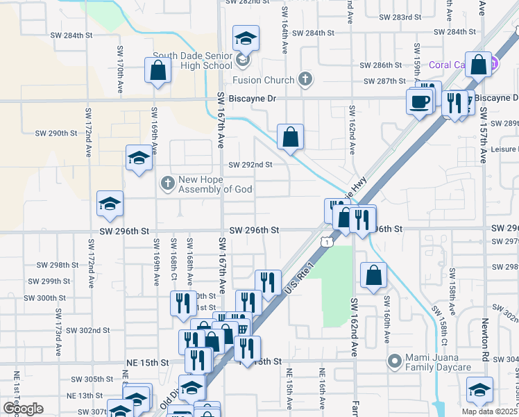 map of restaurants, bars, coffee shops, grocery stores, and more near 16460 Southwest 295th Street in Homestead