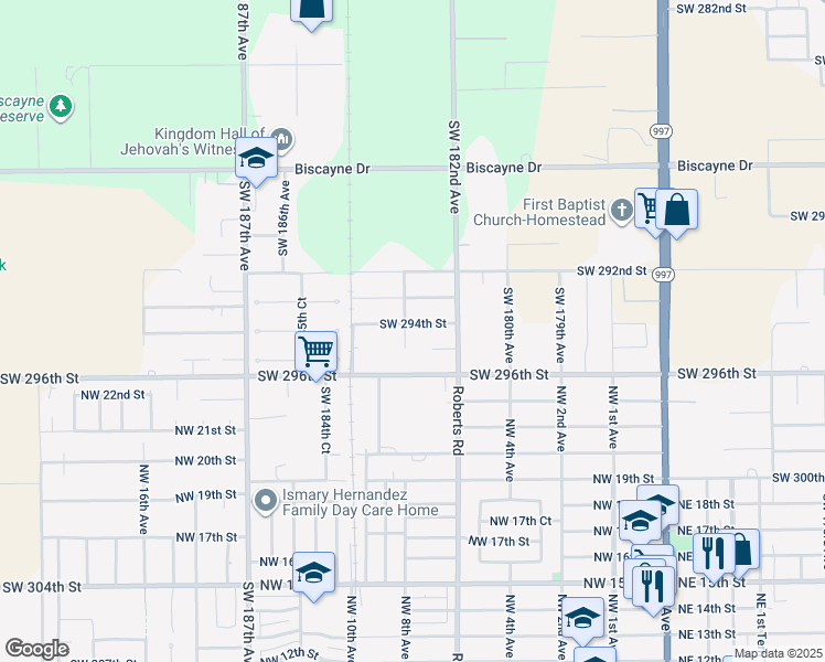 map of restaurants, bars, coffee shops, grocery stores, and more near 18275 Southwest 294th Street in Homestead