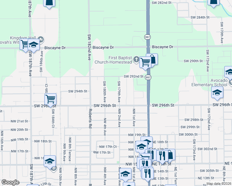 map of restaurants, bars, coffee shops, grocery stores, and more near 29400 Southwest 179th Avenue in Homestead