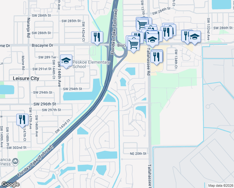 map of restaurants, bars, coffee shops, grocery stores, and more near 2538 Northeast 41st Avenue in Homestead