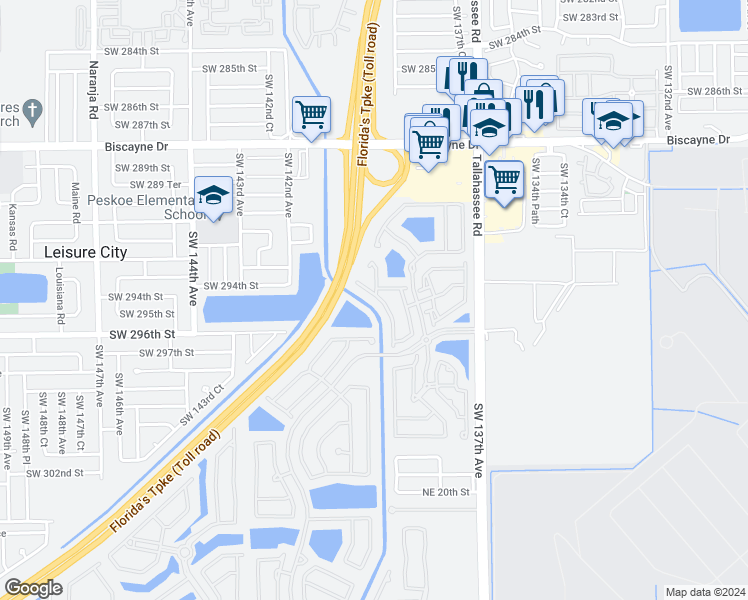 map of restaurants, bars, coffee shops, grocery stores, and more near 2540 Northeast 41st Avenue in Homestead