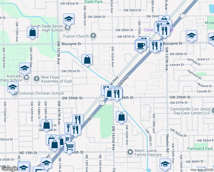 map of restaurants, bars, coffee shops, grocery stores, and more near 29400 Old Dixie Highway in Homestead