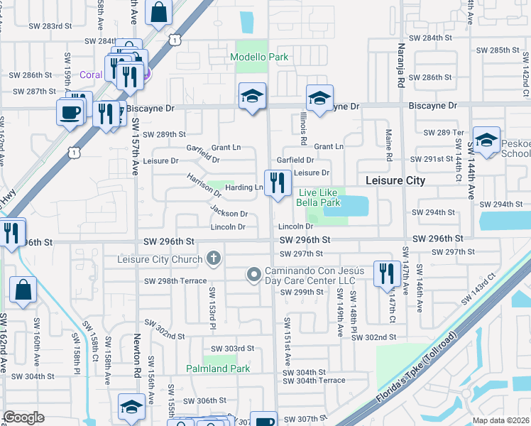 map of restaurants, bars, coffee shops, grocery stores, and more near 29325 Florida Road in Homestead