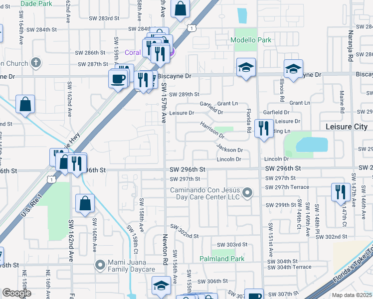 map of restaurants, bars, coffee shops, grocery stores, and more near 15510 Harding Lane in Homestead