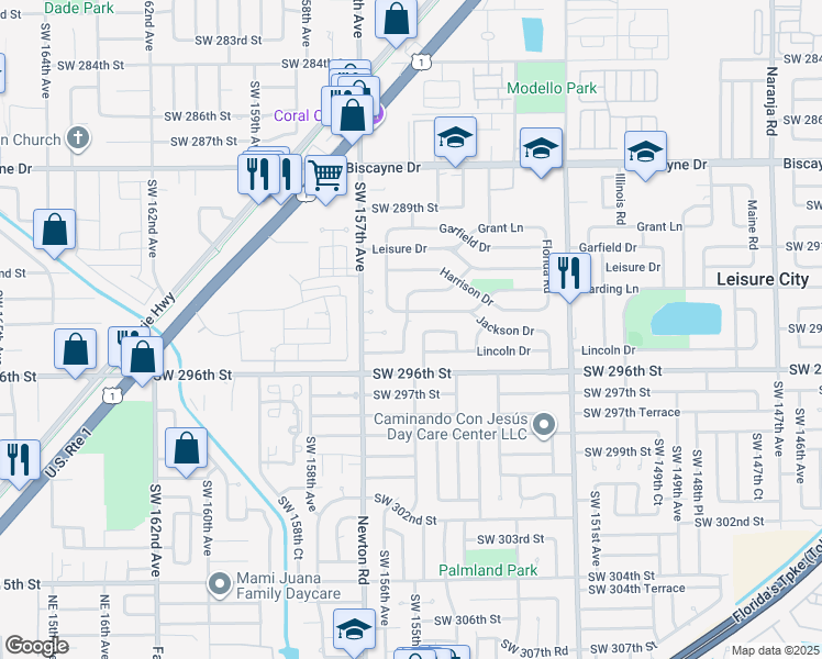 map of restaurants, bars, coffee shops, grocery stores, and more near 15510 Harding Lane in Homestead