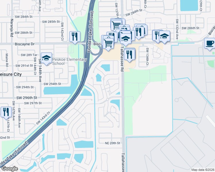 map of restaurants, bars, coffee shops, grocery stores, and more near 4108 Northeast 25th Street in Homestead