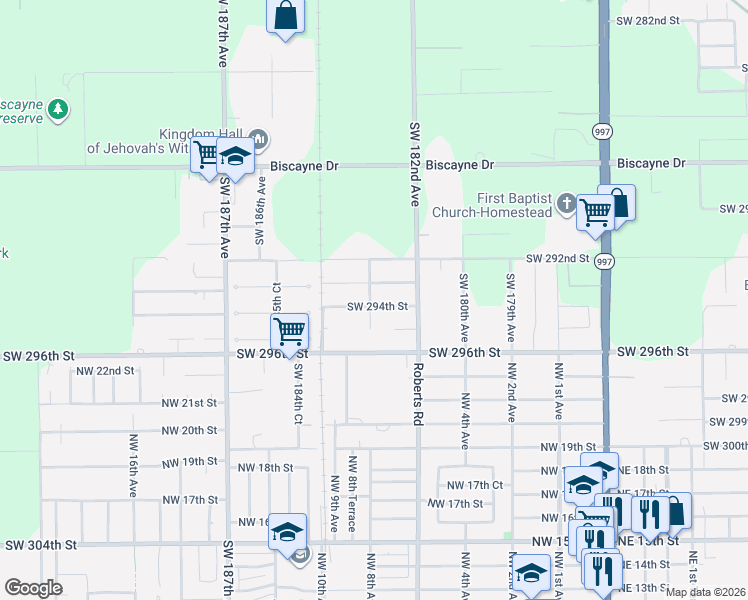map of restaurants, bars, coffee shops, grocery stores, and more near 18275 Southwest 294th Street in Homestead