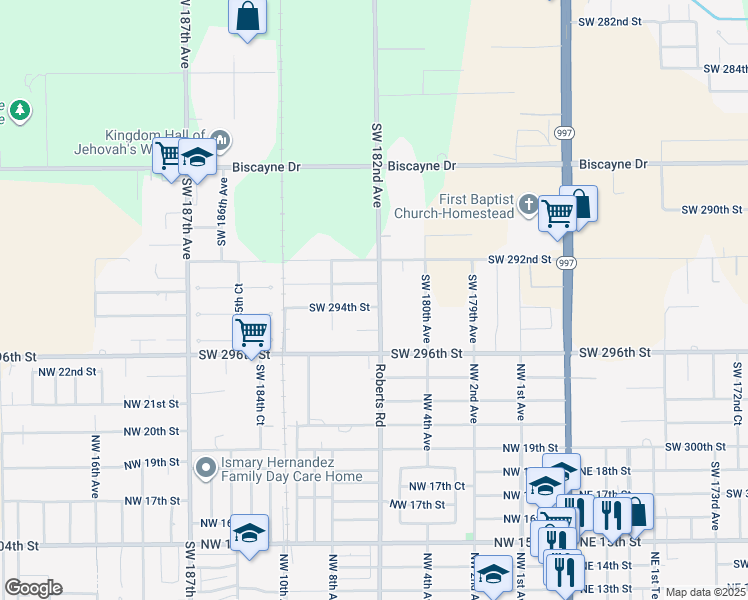 map of restaurants, bars, coffee shops, grocery stores, and more near 29380 Southwest 182nd Avenue in Homestead