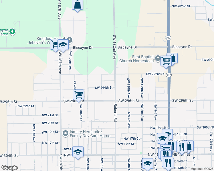 map of restaurants, bars, coffee shops, grocery stores, and more near 18275 Southwest 294th Street in Homestead