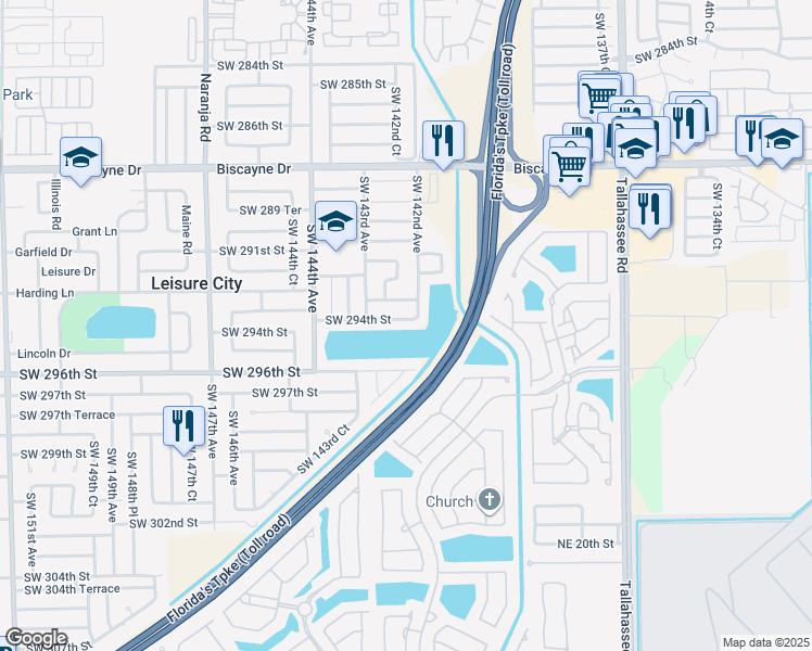 map of restaurants, bars, coffee shops, grocery stores, and more near 14230 Southwest 294th Street in Homestead