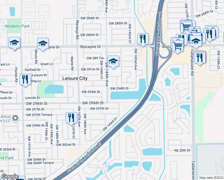 map of restaurants, bars, coffee shops, grocery stores, and more near 14362 Southwest 294th Street in Homestead