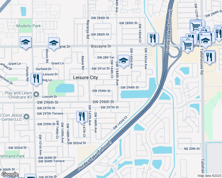 map of restaurants, bars, coffee shops, grocery stores, and more near 14441 Southwest 294th Street in Homestead
