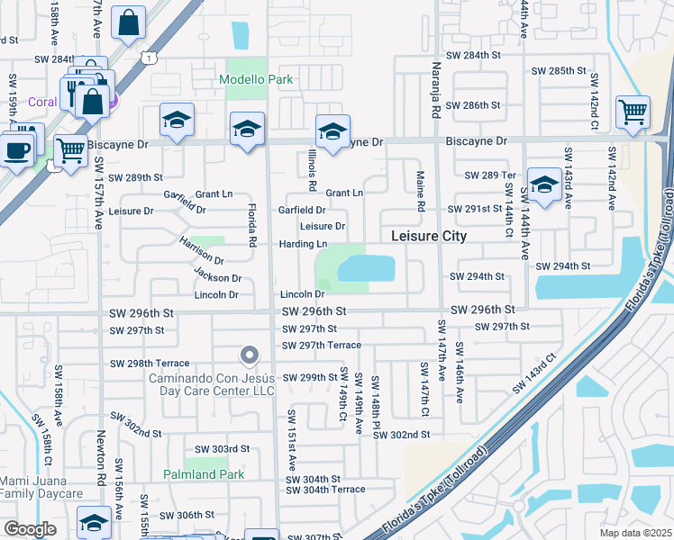 map of restaurants, bars, coffee shops, grocery stores, and more near 14870 Harding Lane in Homestead