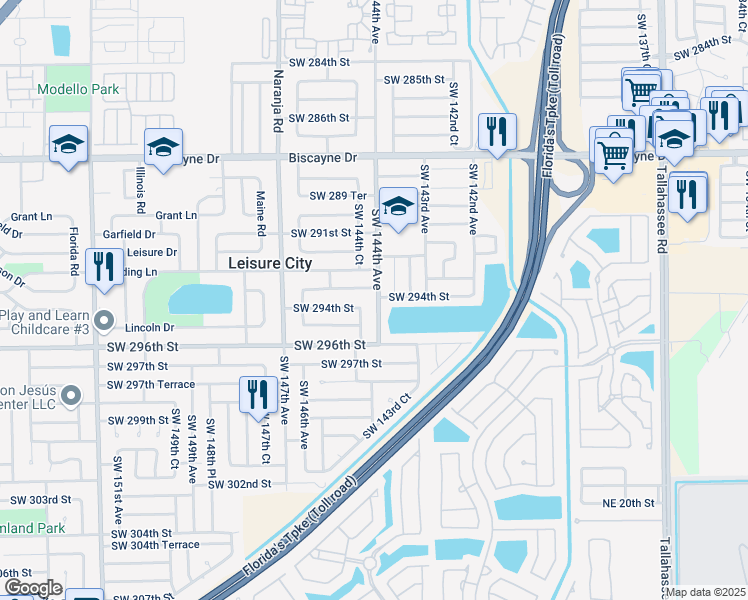 map of restaurants, bars, coffee shops, grocery stores, and more near 14441 Southwest 294th Street in Homestead