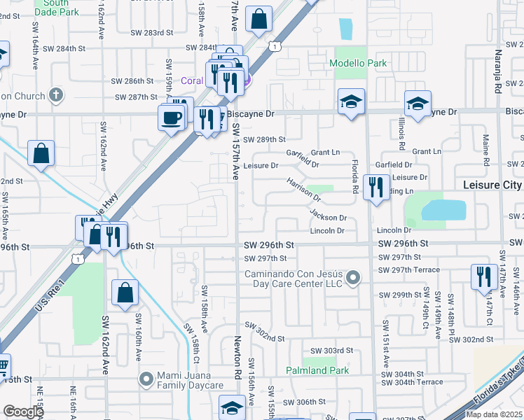 map of restaurants, bars, coffee shops, grocery stores, and more near 15510 Harding Lane in Homestead