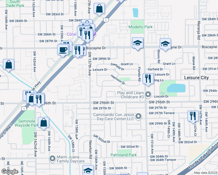 map of restaurants, bars, coffee shops, grocery stores, and more near 15470 Harding Lane in Homestead